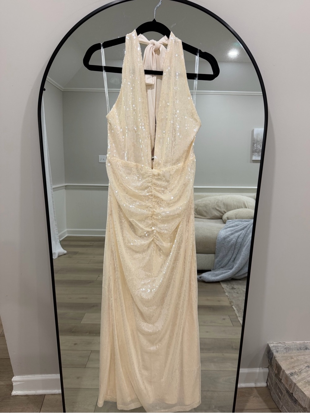Peppermayo Champagne Sequin Backless Halter Gown